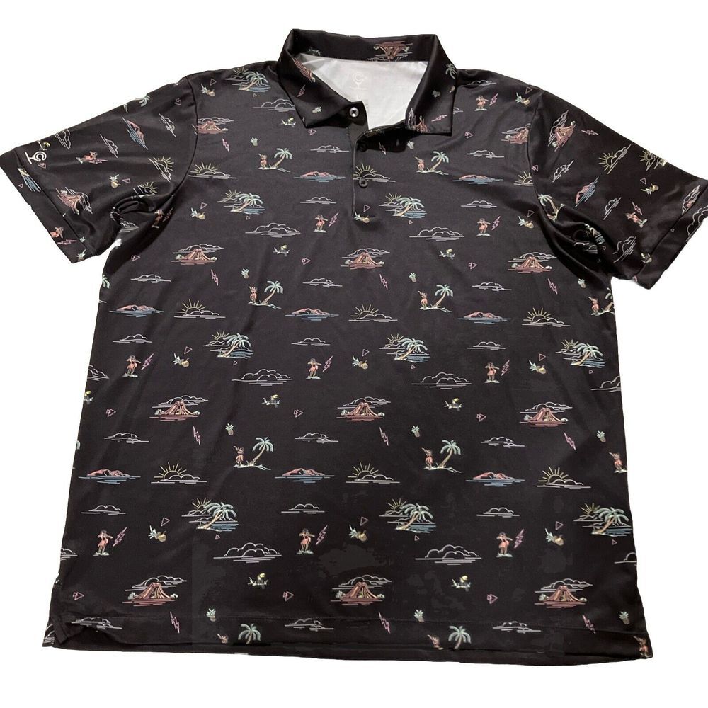 Caddy Daddy Mens Tropical‎ Hula Volcano Golf Polo Shirt Black Large RN 120681